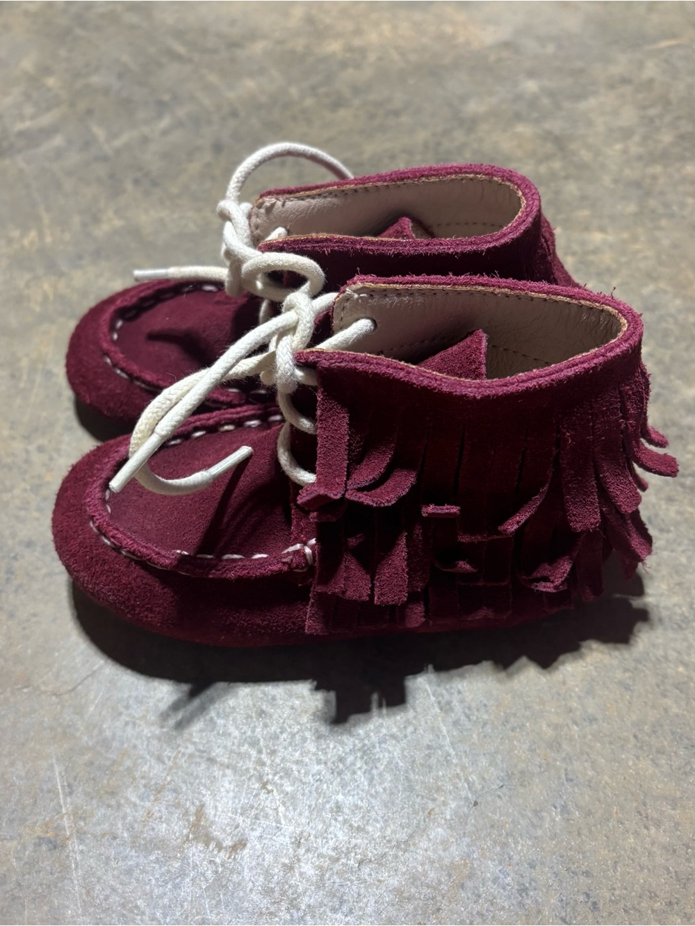 Monkey Feet Burgundy Suede Fringe Moccasins for Kids